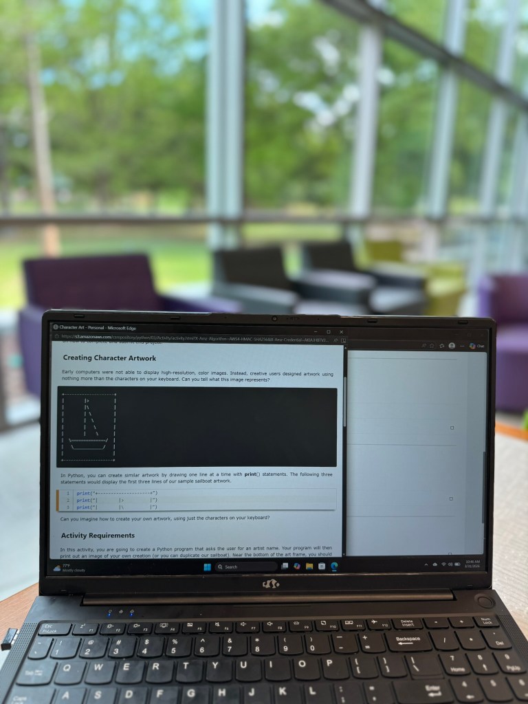 CompuScholar Python lesson demonstrating character art using code for beginner programmers