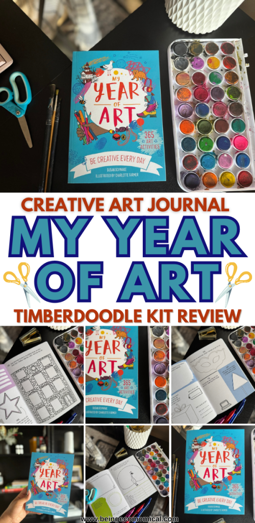 An art journal titled 'My Year of Art' featuring colorful artwork, paint palettes, and scissors. The cover displays vibrant illustrations and '365 art activities', promoting creativity.
