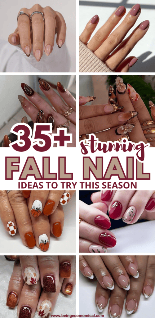 A collection of stunning fall nail designs featuring various colors and patterns, including neutral, jewel tones, and autumn-inspired art.
