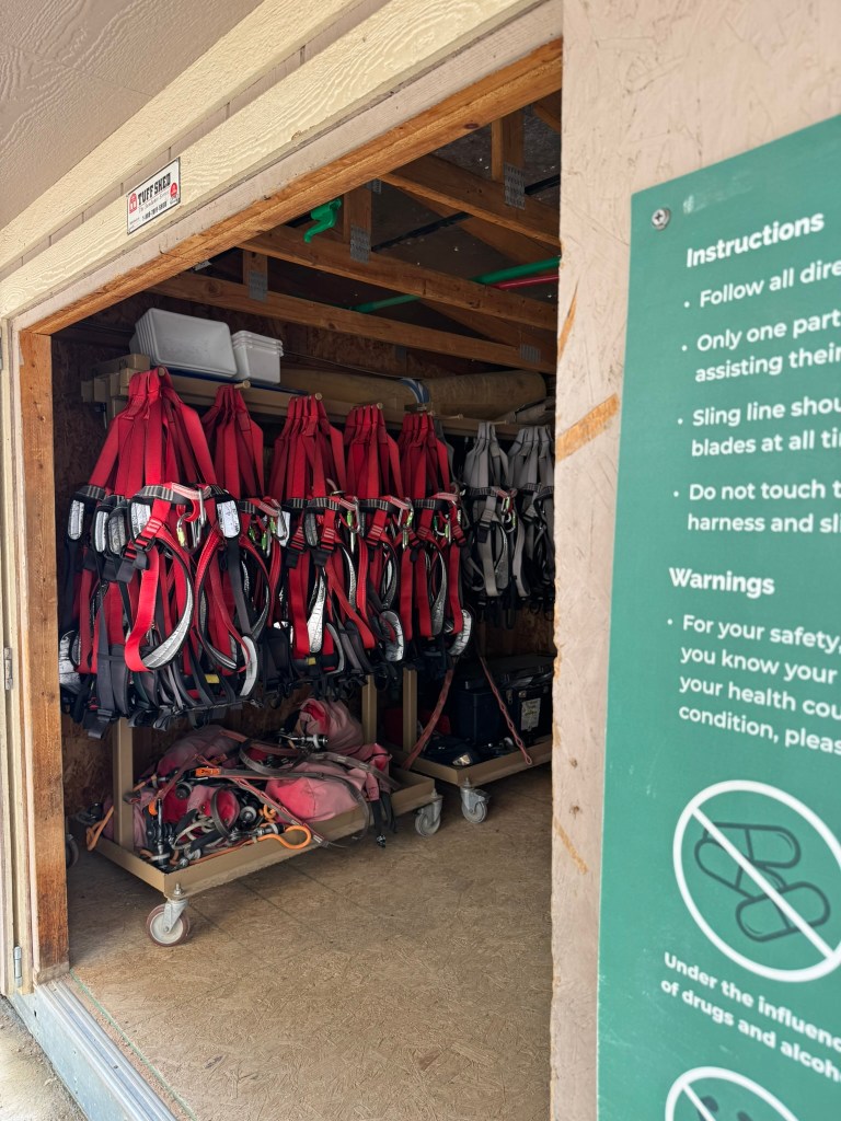 Safety harnesses and climbing gear for the outdoor ropes course at Great Wolf Lodge Grapevine.
