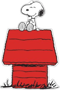 Cartoon character Snoopy sitting happily on top of a red doghouse with a green grass base.