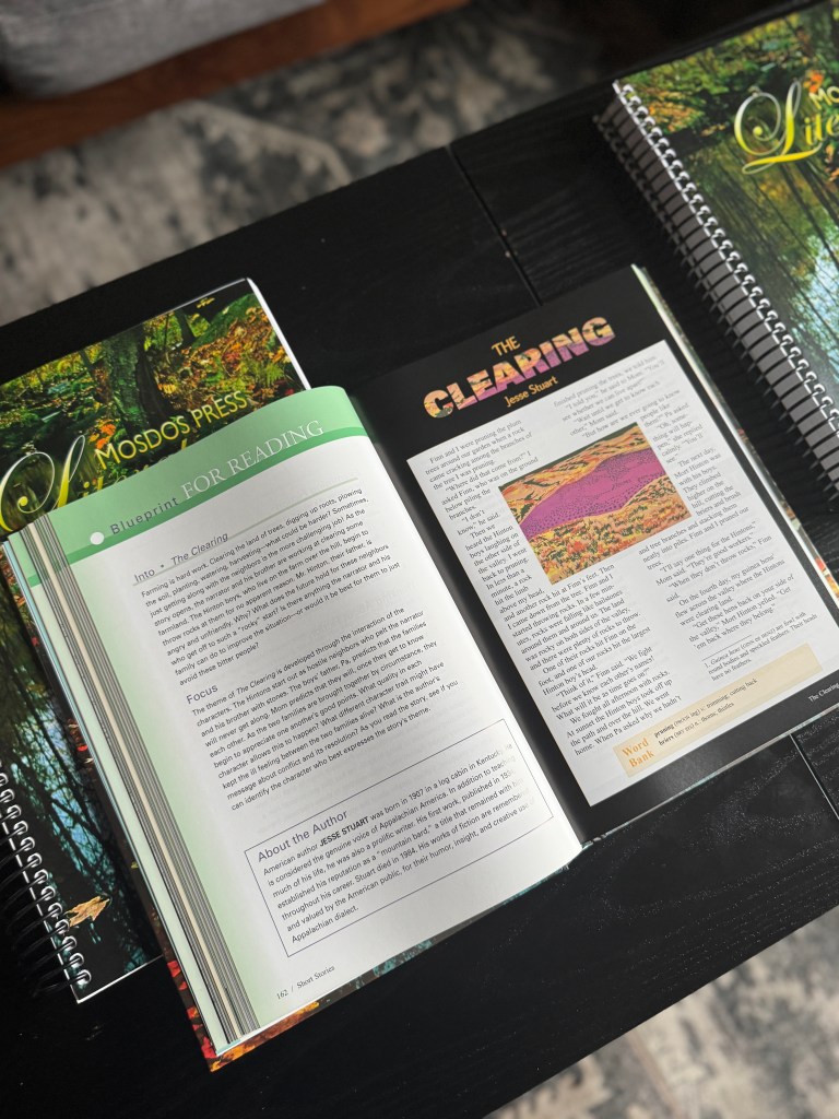 An open page of the Mosdos Press Literature curriculum, displaying a segment titled 'Blueprint for Reading' alongside an article about 'The Clearing' by Jesse Stuart, with soft illustrations and a structured layout.
