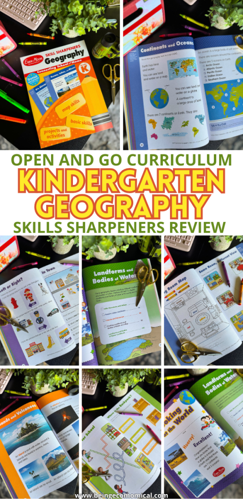 Pinterest pin for a Skill Sharpeners Geography Kindergarten review featuring map skills, landforms, bodies of water, weather activities, and workbook pages.