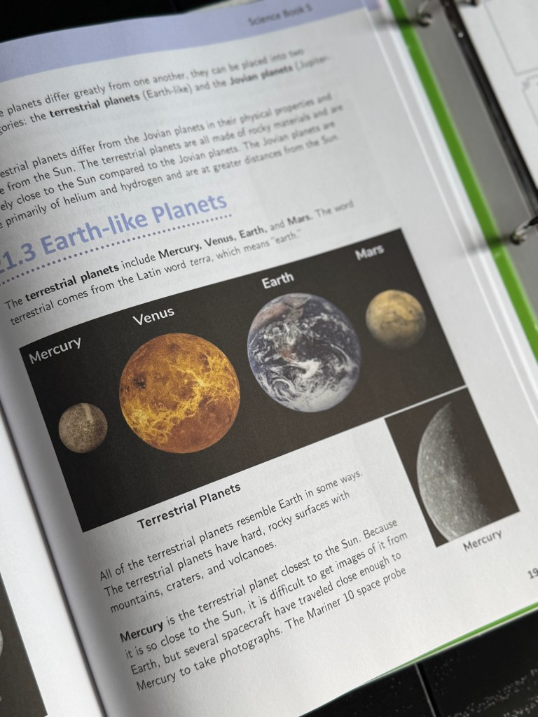 Page from 'Real Science-4-Kids Book 5' featuring the section on terrestrial planets, displaying images of Mercury, Venus, Earth, and Mars along with descriptive text about their characteristics.