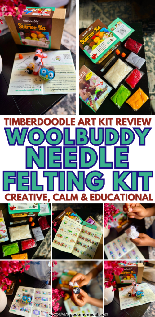 Image of a Woolbuddy Needle Felting Starter Kit opened on a table, showcasing colorful felting materials and tools, with a small felted animal figure.