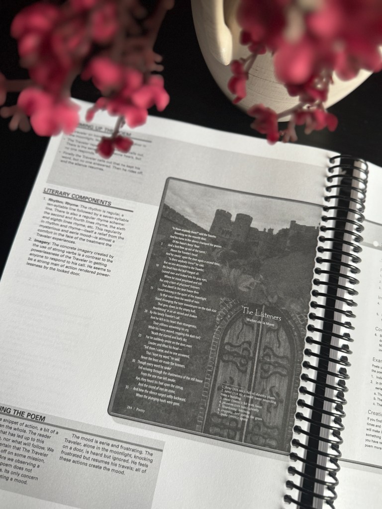 An open literature curriculum book page featuring the poem 'The Listeners' by Walter de la Mare, alongside literary analysis notes and floral decoration in the foreground.