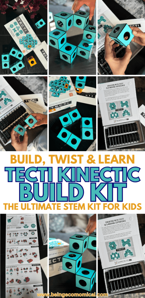 A collage showcasing the Tecti Kinetic Build Kit, featuring turquoise building cubes, dynamic structures, and hands-on interactions with the kit's components.