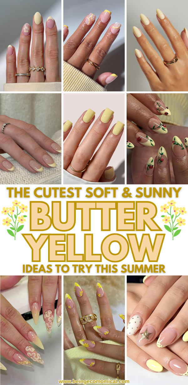 Collage of manicured hands showcasing various butter yellow nail designs with floral and decorative accents