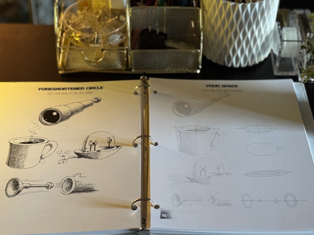 An open binder showing lesson pages on foreshortening in drawing, featuring illustrations of a coffee cup, a telescope, a UFO, and various shapes demonstrating perspective.