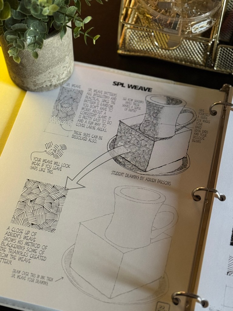 A close-up of a drawing lesson titled 'SPL Weave' featuring instructional images and notes about weaving patterns, accompanied by an illustration of a cup and a cube.