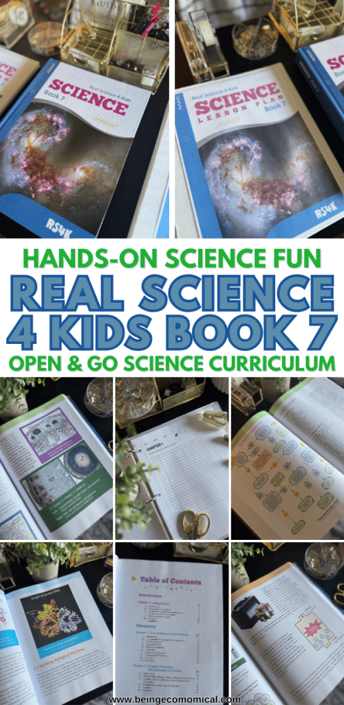 Flat lay image of 'Real Science 4 Kids Book 7' with textbooks and lesson plans open, showcasing colorful pages and diagrams related to science topics, set against a stylish desk background.