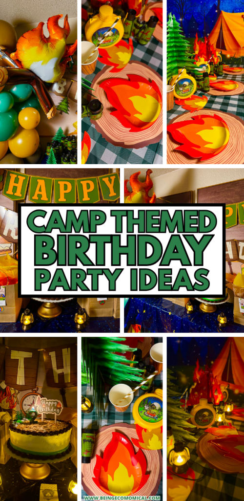 Kids outdoor adventure party table with toy binoculars, yellow canteens, campfire napkins, and wooden cups.