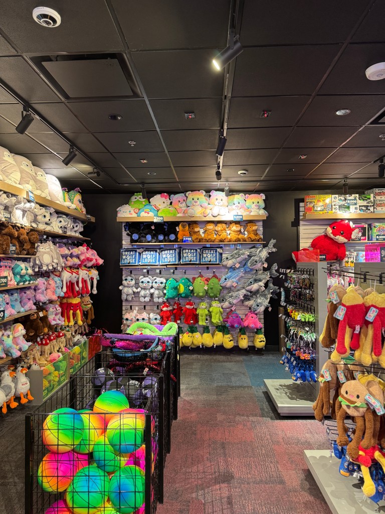 Interior of a toy store featuring colorful stuffed animals and plush toys organized on shelves, with a display of various children's games and accessories.
