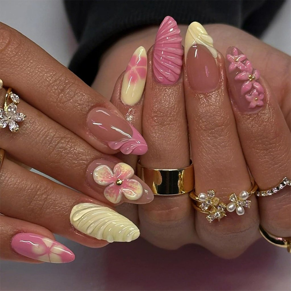 Butter yellow and pink 3D floral acrylic nails with textured flower nail art and glossy pastel manicure design