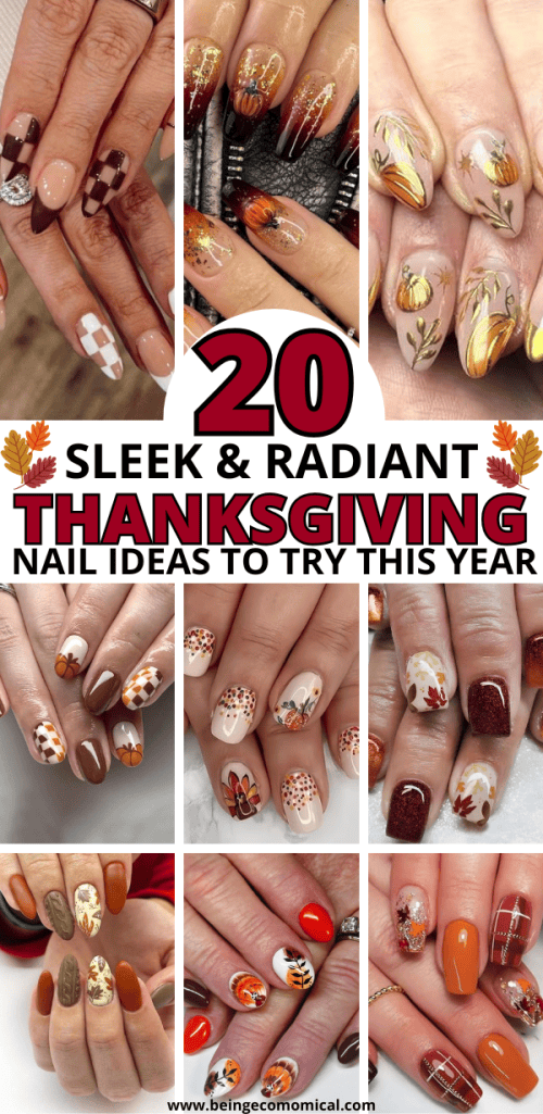 A collage of Thanksgiving-themed nail designs featuring warm colors, autumn motifs like pumpkins and leaves, and various nail art styles.