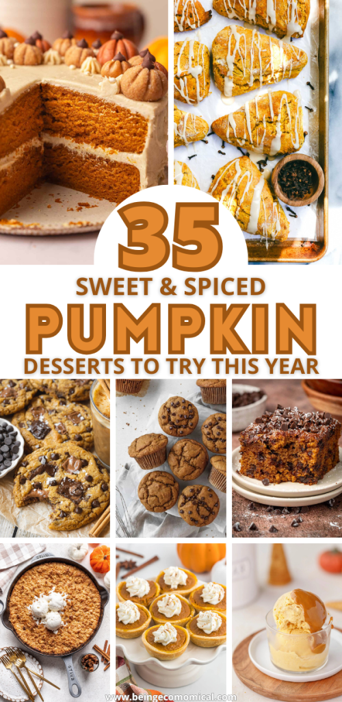 A collage of various pumpkin desserts, including a pumpkin cake, cookies with chocolate chips, a platter of pumpkin scones, and pumpkin pie cups, showcasing a variety of sweet and spiced treats for fall.