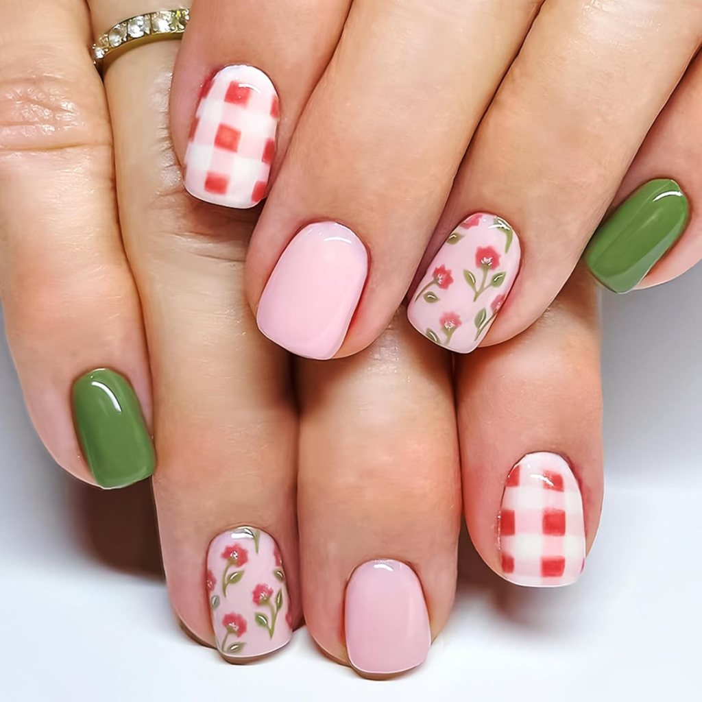 pink gingham and floral summer nails with soft cottagecore design on short nails