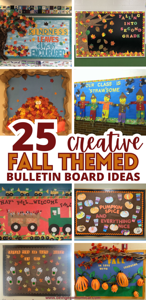 Collage of cute and creative fall bulletin board ideas for teachers featuring pumpkins, autumn trees, apples and classroom displays.