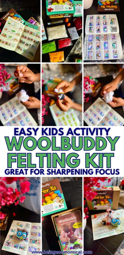 Unboxing the Woolbuddy Needle Felting Starter Kit with colorful wool and instructional booklet laid out.