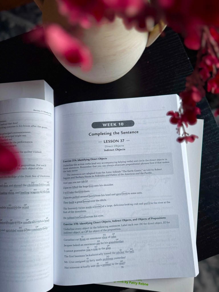 An open textbook page showing lesson 37 on indirect objects, with exercises and examples related to completing sentences.