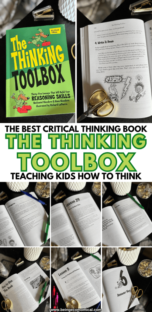 Image of The Thinking Toolbox book cover with open pages showcasing lessons and illustrations related to critical thinking.