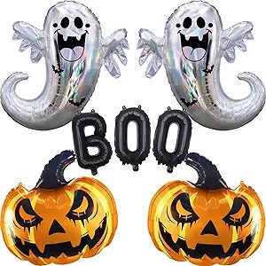 A collection of Halloween-themed balloons featuring two ghost-shaped balloons, a 'BOO' banner, and two pumpkin balloons with jack-o'-lantern faces.