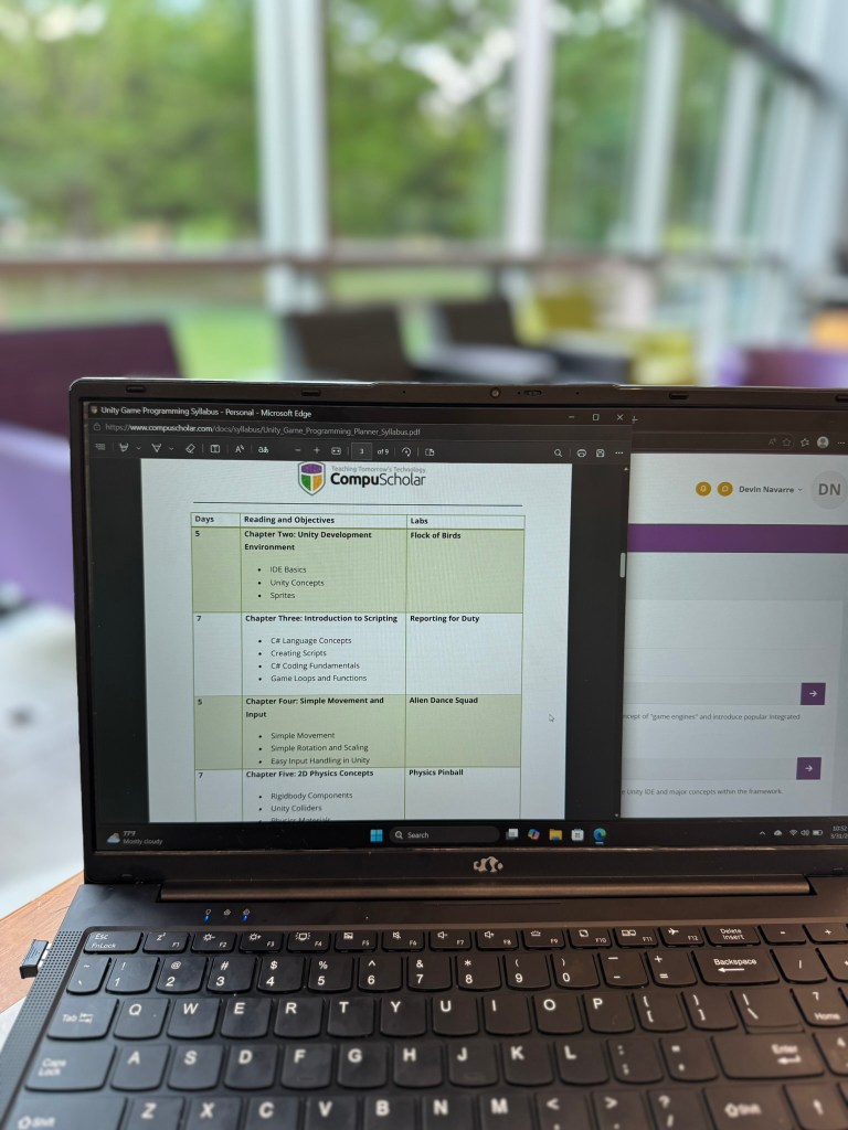 CompuScholar Unity course syllabus showing chapters labs and lesson structure