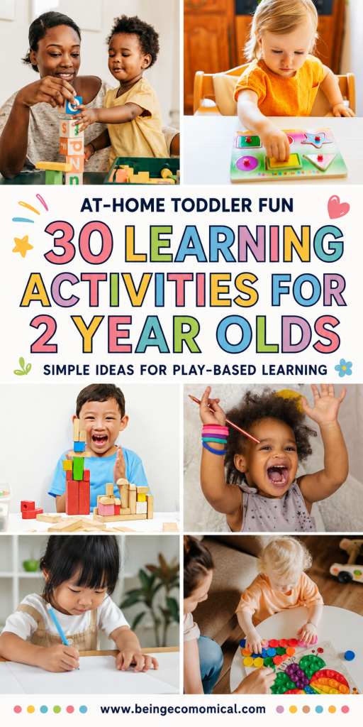 Pinterest pin for at-home toddler learning activities featuring sticker play, pouring water, matching objects, dance and freeze, pretend play, and a nature hunt.