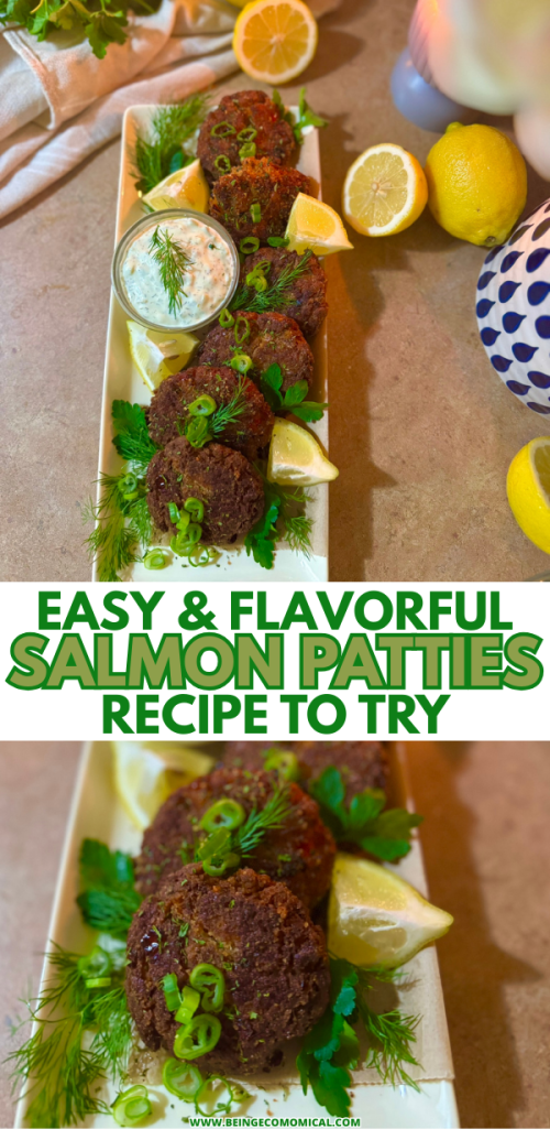 A platter of golden-brown salmon patties garnished with fresh dill, sliced green onions, and lemon wedges, accompanied by a small bowl of dipping sauce.