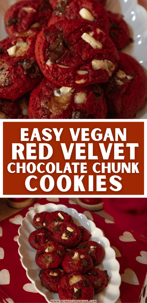 A plate of easy vegan red velvet chocolate chunk cookies, showcasing their vibrant red color and chocolate chunks.