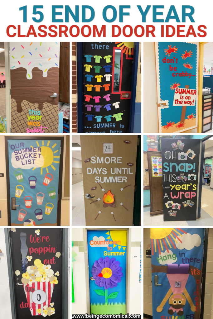 Collage of classroom door decorations themed around the end of the school year, featuring creative designs like ice cream, summer countdowns, and motivational messages.