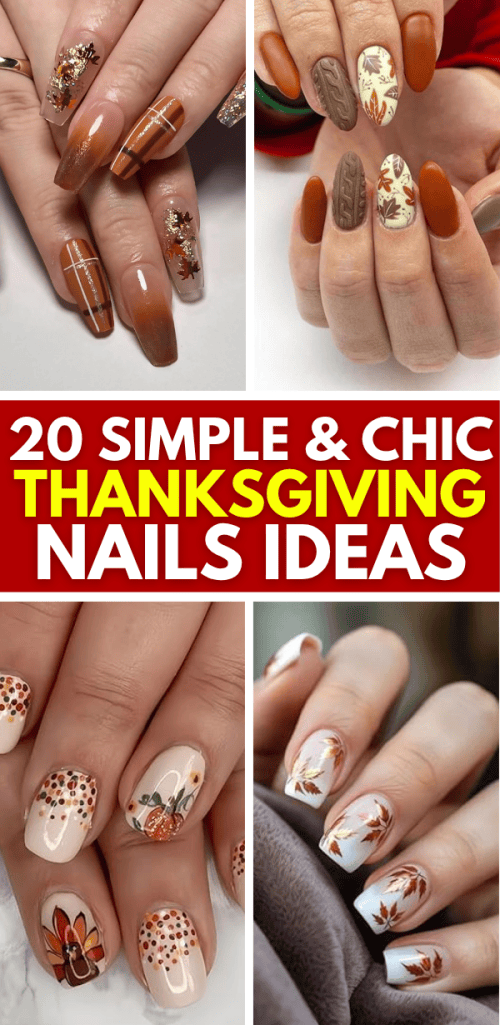 A collage of four nail designs featuring Thanksgiving-themed nail art, including autumn colors, turkey and pumpkin accents, and floral details.