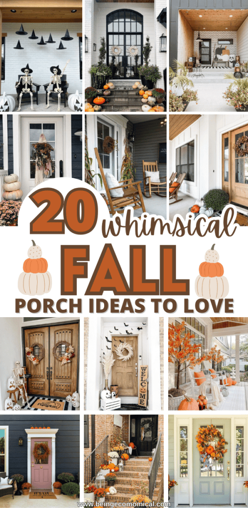 A collage of various fall porch decor ideas featuring pumpkins, wreaths, and seasonal accents, highlighting playful and whimsical themes.
