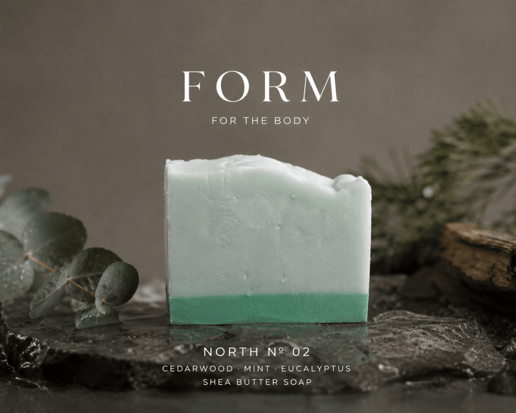 A bar of shea butter soap in shades of light blue and green, labeled 'NORTH N° 02' with cedarwood, mint, and eucalyptus scents, placed on a dark stone surface with eucalyptus leaves in the foreground.