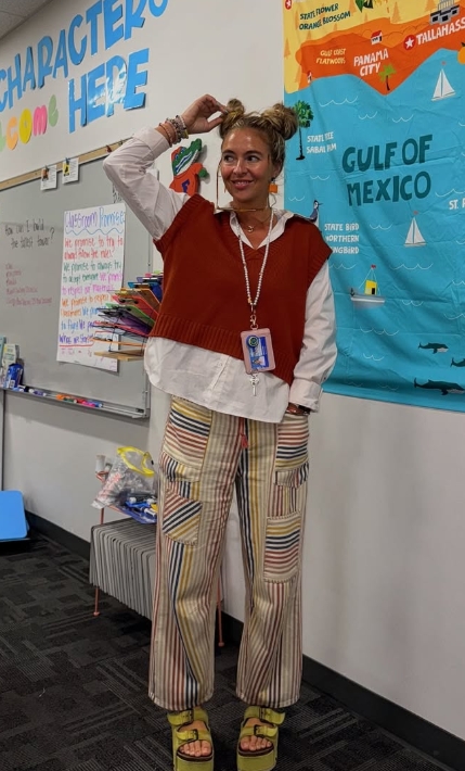 teacher outfit with sweater vest and statement pants