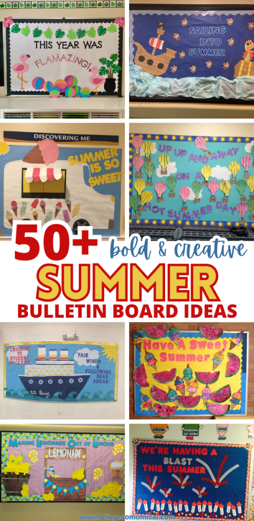 Collage of colorful bulletin boards with summer themes, featuring flamingos, boats, and hot air balloons, showcasing various creative ideas for summer decorations.