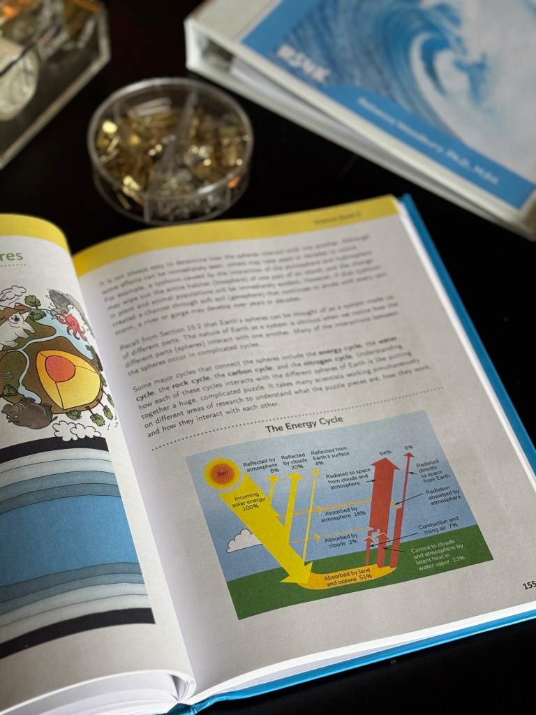 Open textbook page illustrating the energy cycle with diagrams and colorful graphics alongside a tray of small gold-colored clips.