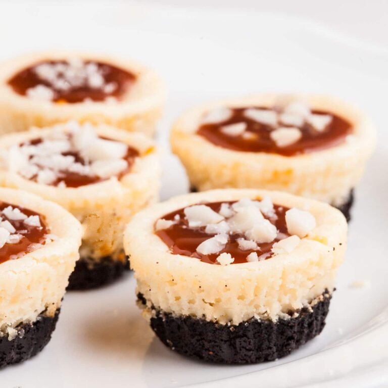 Mini cheesecakes with a chocolate cookie crust and topped with caramel and coconut flakes.