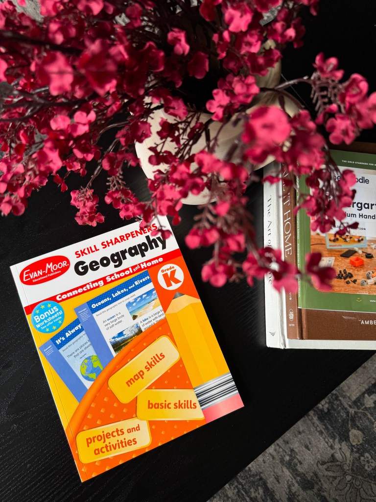 Skill Sharpeners Geography Kindergarten workbook included in the Timberdoodle homeschool kit.