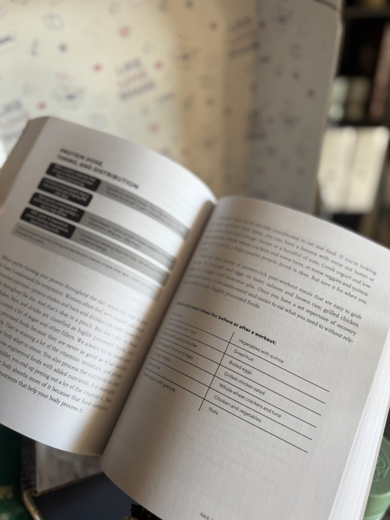 Open book page displaying nutritional information and guidelines for protein intake and meal suggestions.