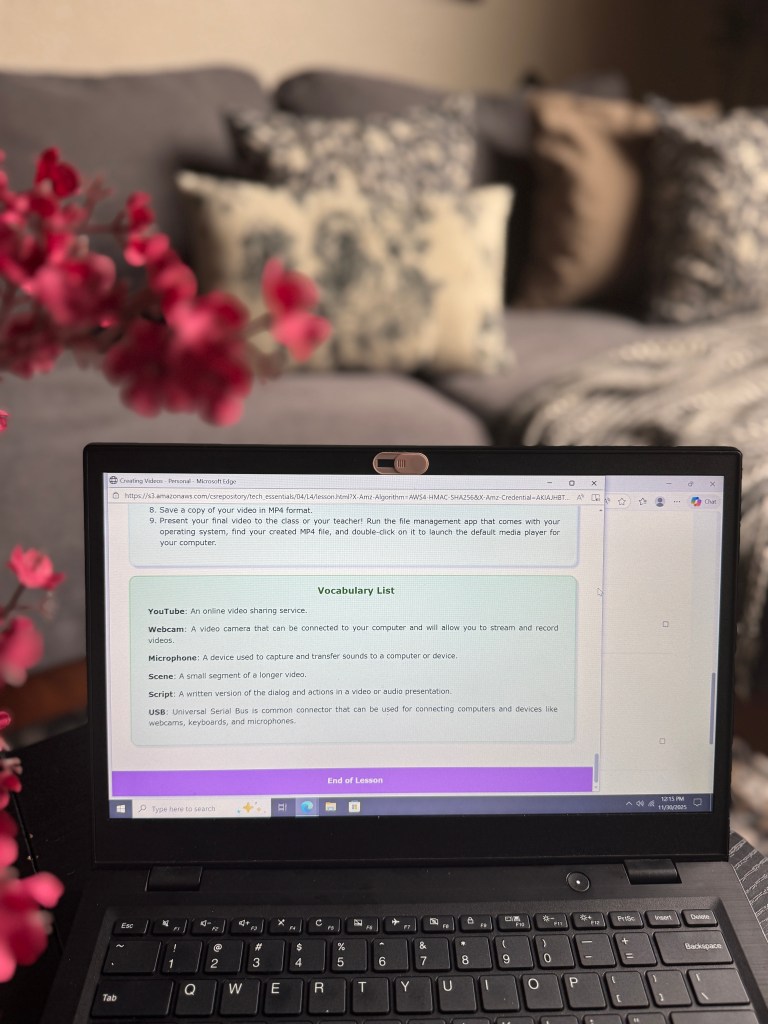 A laptop displaying a lesson on digital literacy and vocabulary related to video creation and technical terms, with a blurred background featuring decorative pillows and a plant in the foreground.
