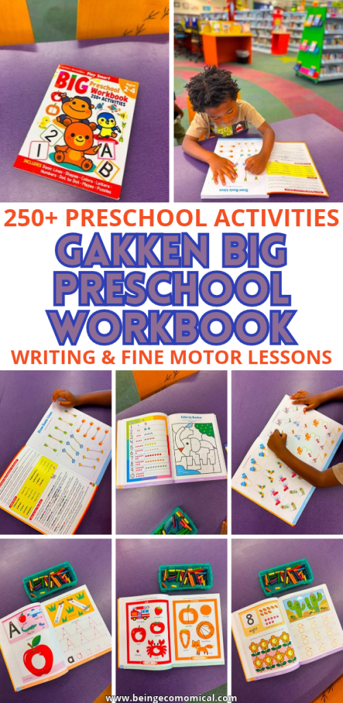 Gakken Big Preschool Workbook featuring various preschool activities and lessons on writing and fine motor skills, displayed alongside colorful illustrations and materials.