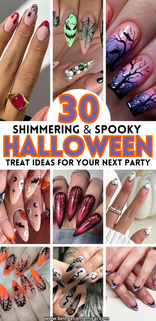 Collage of Halloween-themed nail designs featuring spiderwebs, ghosts, and pumpkin motifs, showcasing various colors and styles for festive nail art.