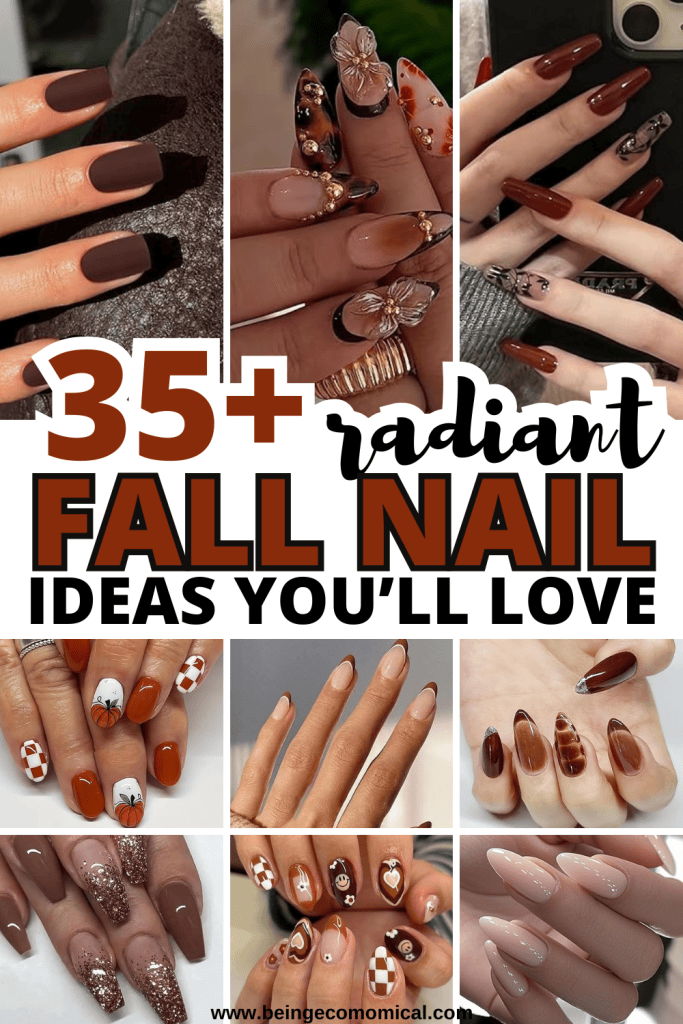 A collage showcasing various fall nail designs featuring rich browns, autumn-themed patterns, and cozy colors. The nails are adorned with elements like checkerboard patterns, pumpkins, and floral accents, embodying the essence of the fall season.