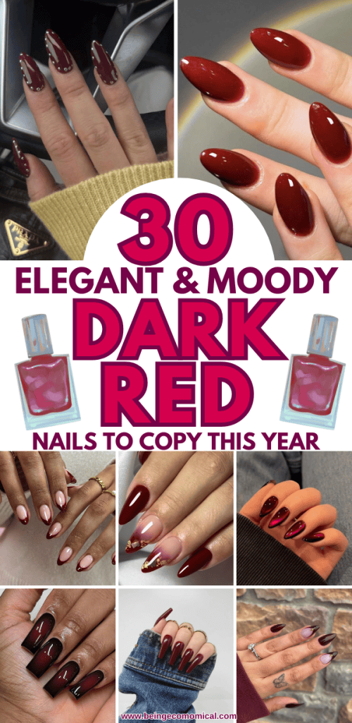 A collage of dark red nail designs featuring various elegant and moody styles, showcasing long, pointed, and well-manicured nails.