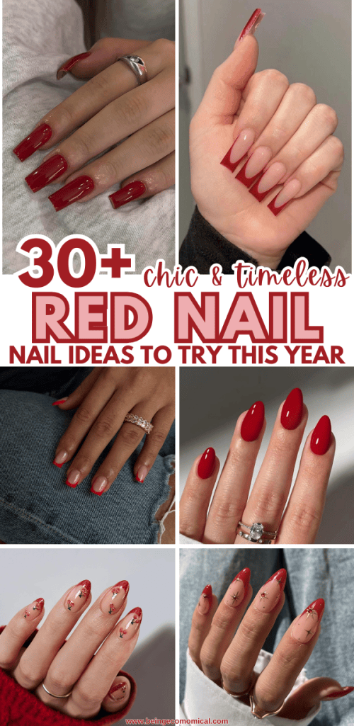 Collection of red nail designs featuring long and short styles with various embellishments.