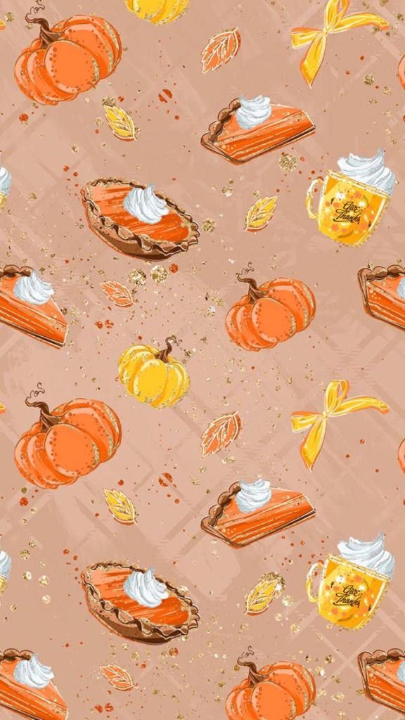 A colorful fall-themed wallpaper featuring pumpkins, pie slices topped with whipped cream, autumn leaves, and a mug with whipped cream, all set against a warm beige background.