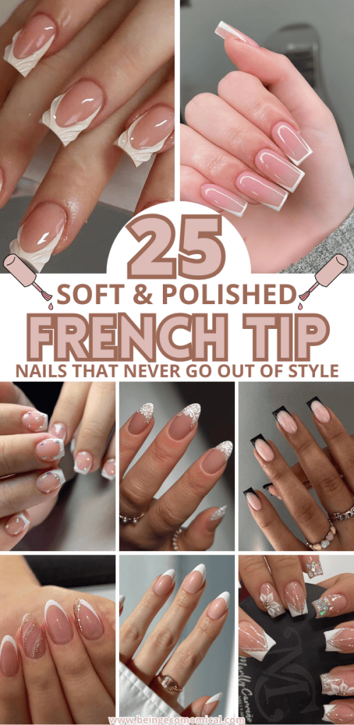 Collage of various French tip nail designs showcasing soft and polished styles, featuring different colors and embellishments.