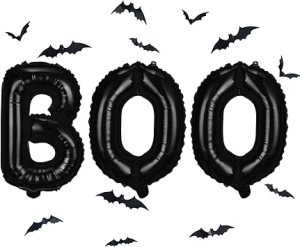 Black foil balloons that spell out 'BOO' surrounded by small bat silhouettes, creating a festive Halloween atmosphere.