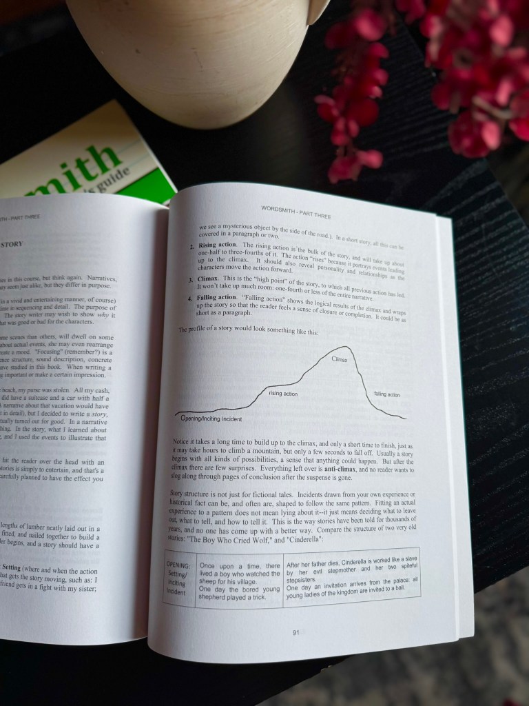 An open book displaying a page about storytelling structure, featuring sections on rising action, climax, and falling action, alongside a diagram illustrating a story arc. The background includes a vase and the edge of another book.